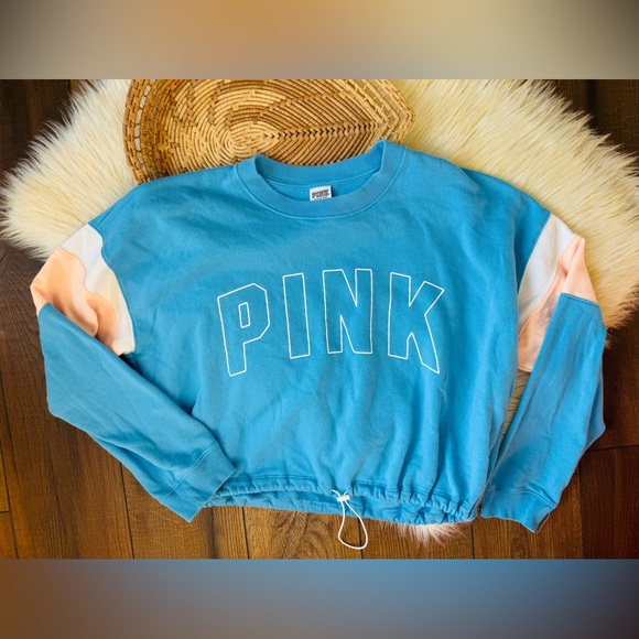 PINK Victoria's Secret Tops - Victoria Secret Pink Blue Color-Block Crop Sweatshirt Size Large